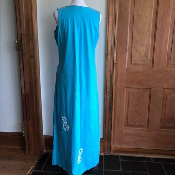 SUSAN BRISTOL Beaded Seahorse Turquoise Sleeveless Maxi Dress Vintage M - Picture 9 of 15